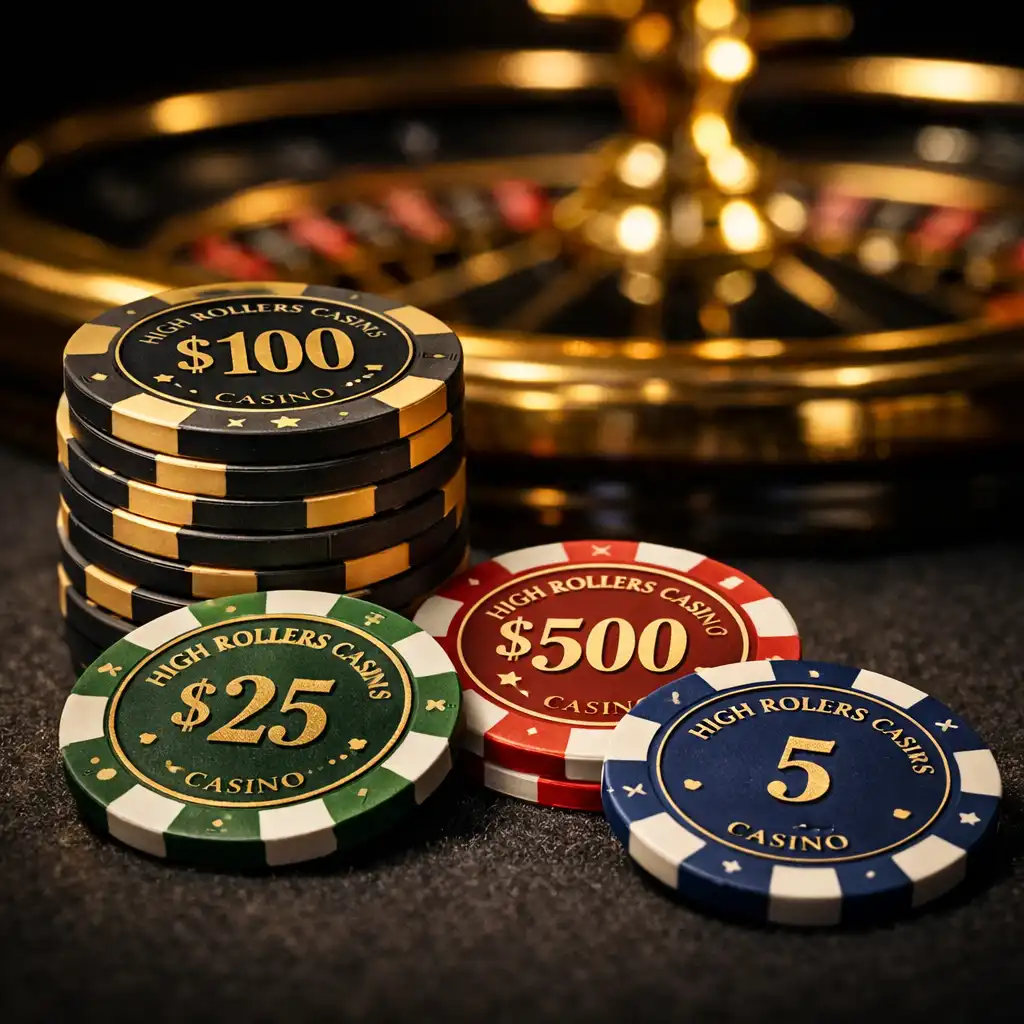 Close-up of custom ceramic casino chips on a dark felt table with a blurred roulette wheel in the background