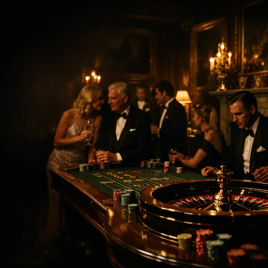 Luxurious private casino event in a historic British estate with a roulette table and elegant guests