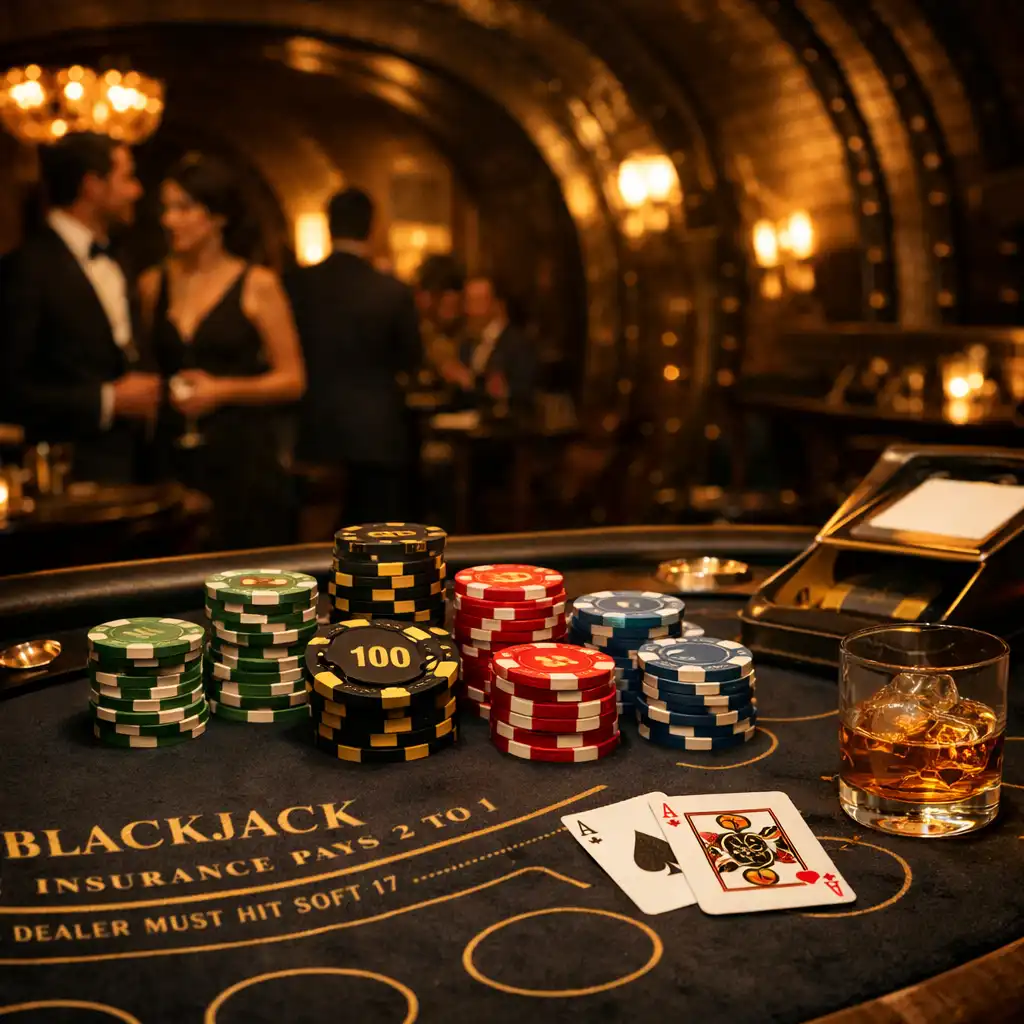 Elegant blackjack table with custom ceramic chips and ambient gold lighting in a Mayfair vault