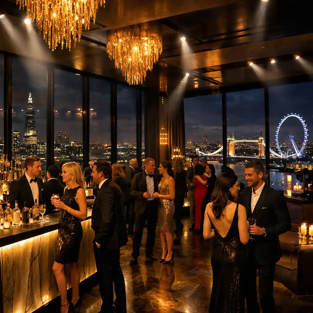 Transformed penthouse venue for a private gala with dramatic lighting, a cocktail bar, and guests mingling against the London skyline