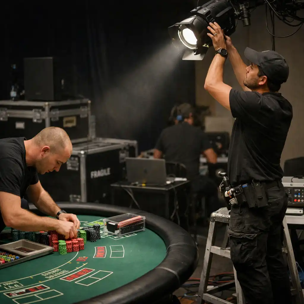 Event staff setting up a casino table with spotlight and chips