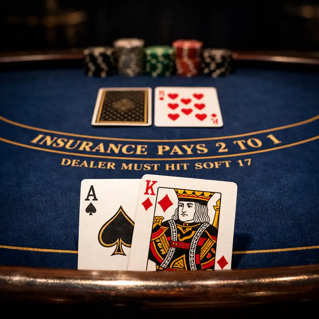 Blackjack table with cards and gold accents