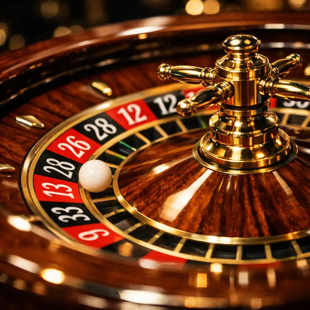Close-up of a roulette wheel in motion with gold bokeh