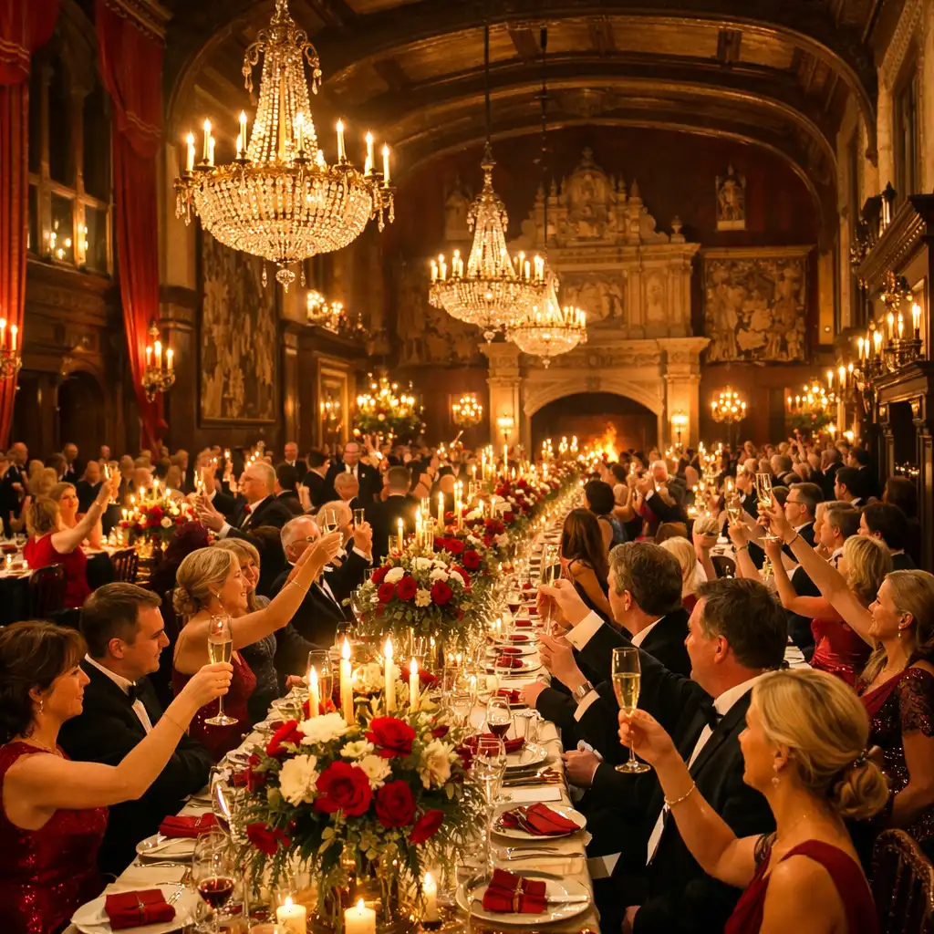 Charity ball in a historic estate with long banquet tables and candlelight