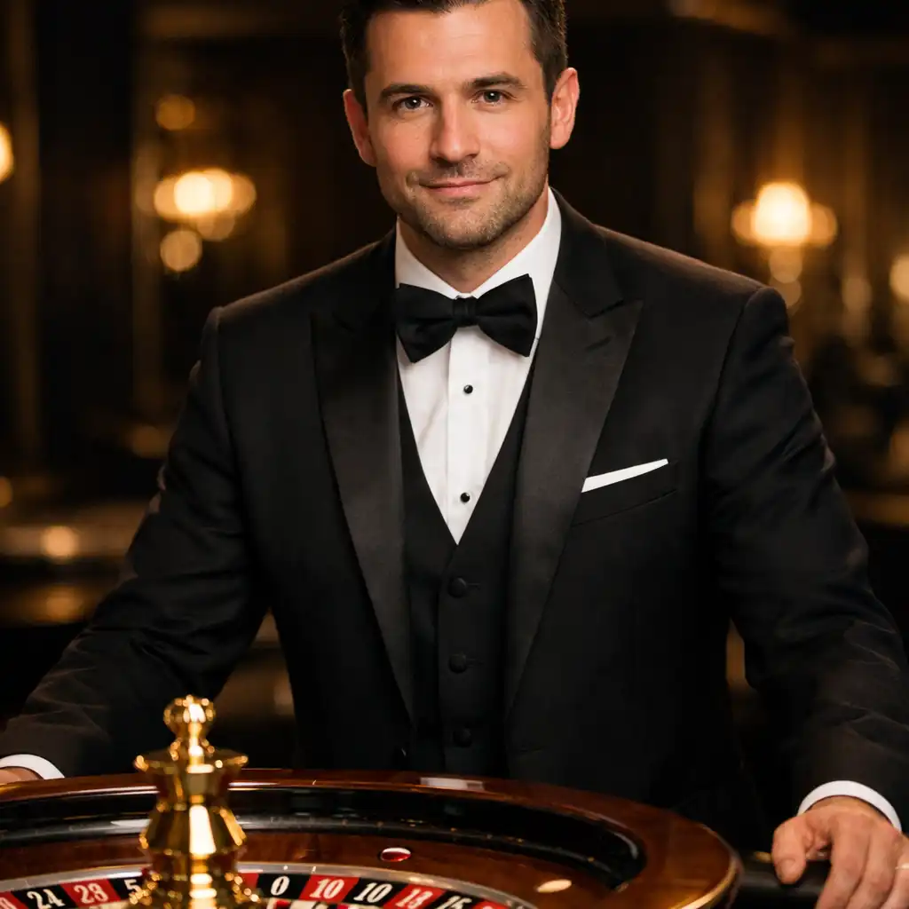 Professional croupier in black tuxedo behind a roulette table