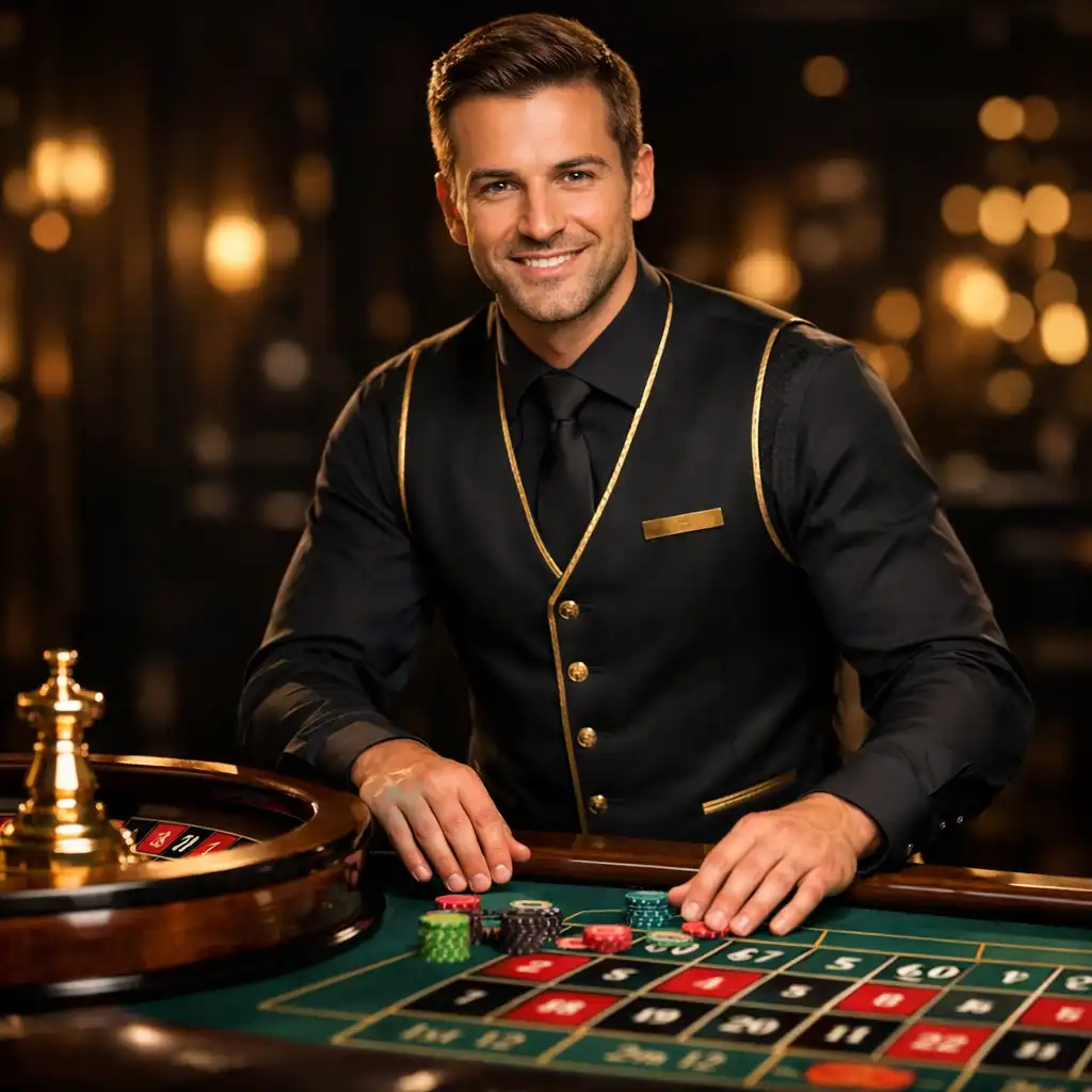 Professional croupier in black uniform behind a roulette table