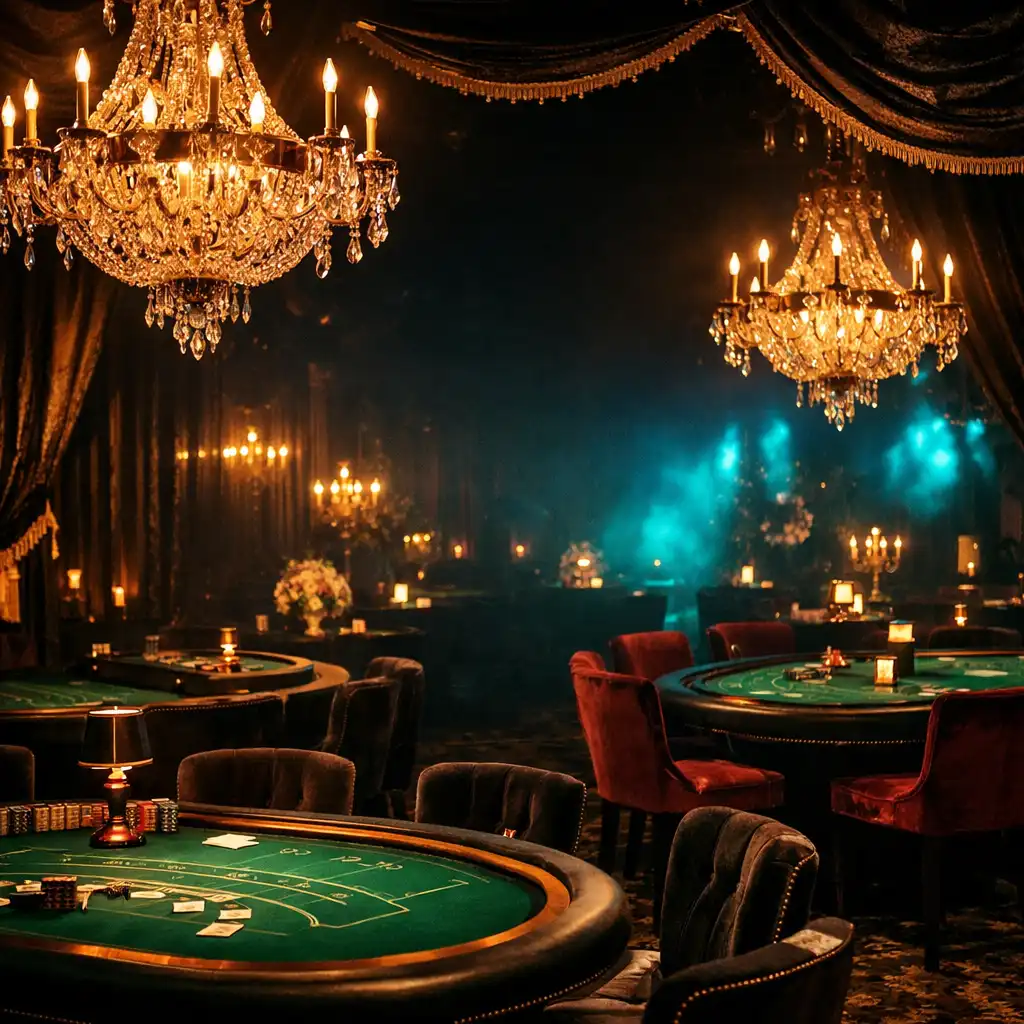 Luxurious event setup with casino tables and gold accents