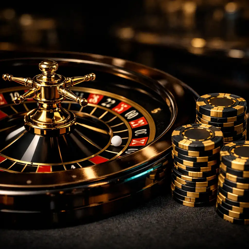 Close-up of a professional roulette wheel with custom ceramic chips in gold and black
