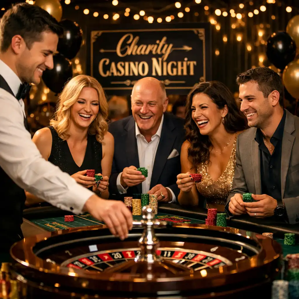 Lively charity casino night with guests laughing and playing roulette