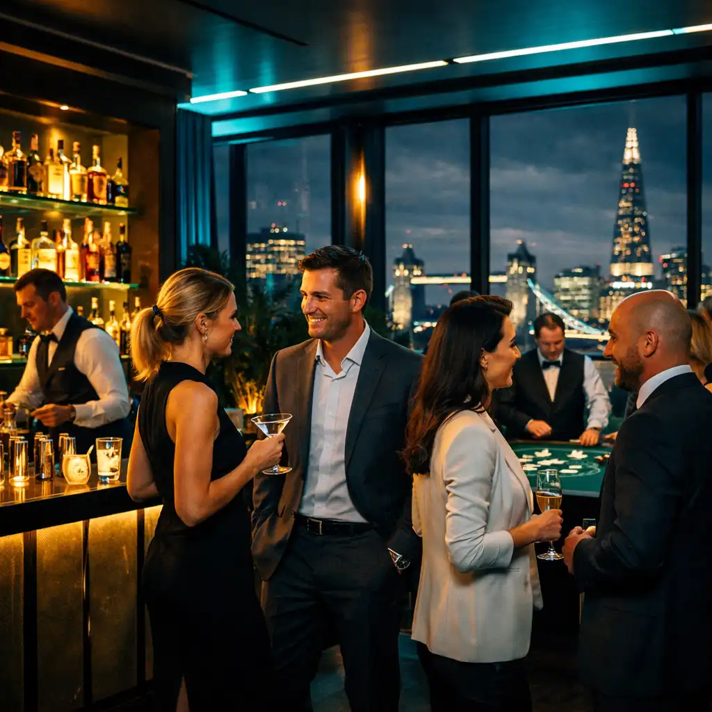 Sleek corporate event in a London penthouse with skyline views and a stylish cocktail bar