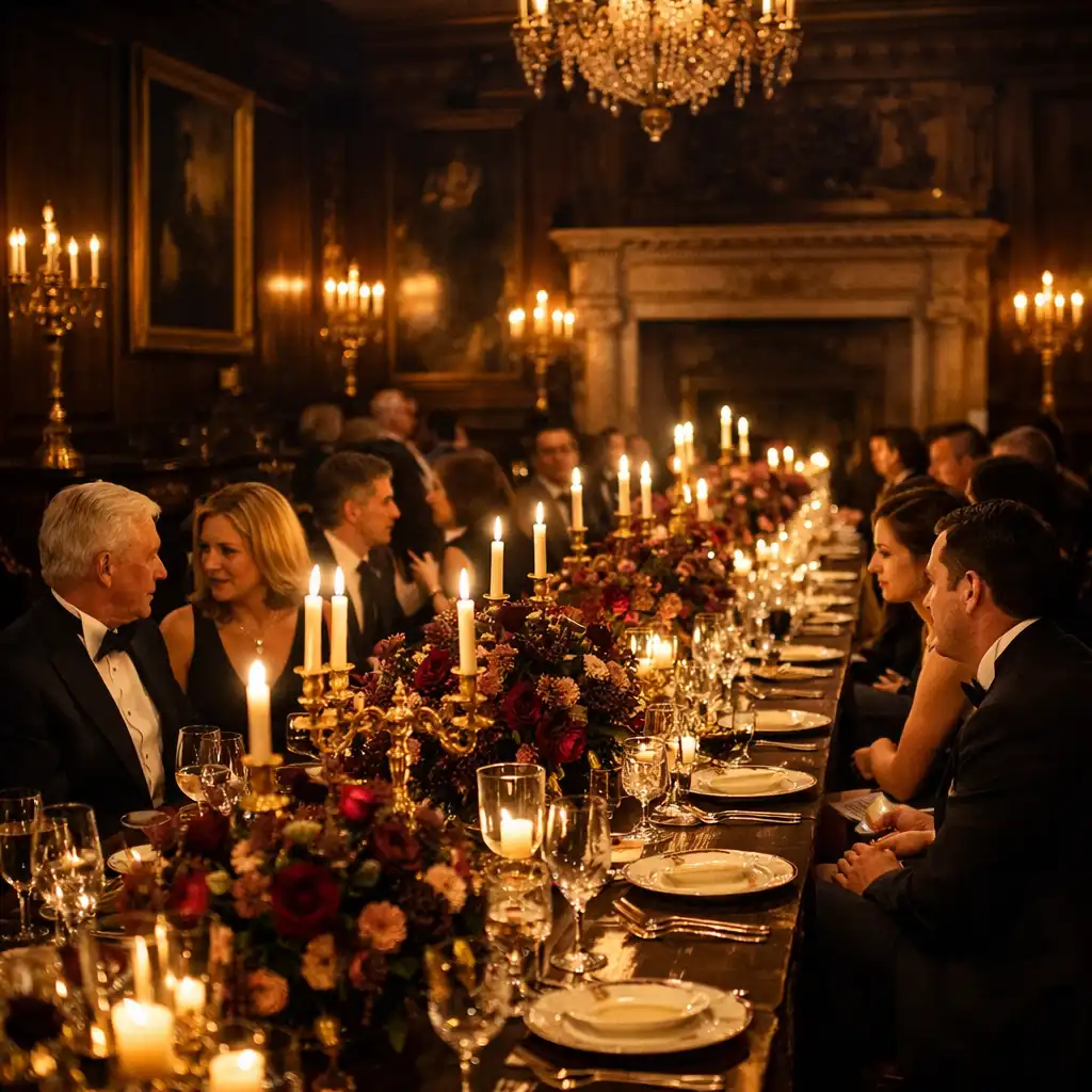 Opulent private gala in a historic British estate with gold candelabras and candlelight