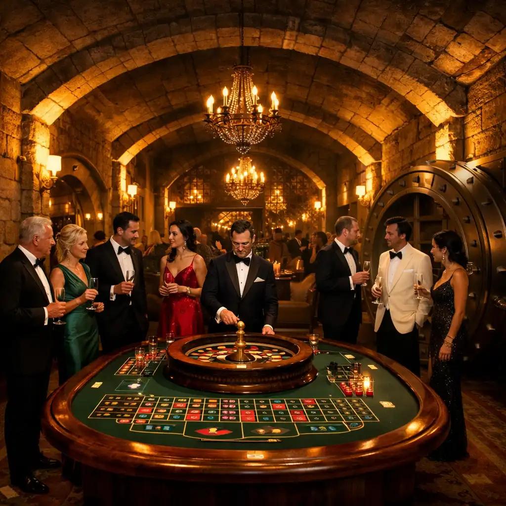 Historic Mayfair vault transformed into a luxurious casino lounge with roulette table and guests