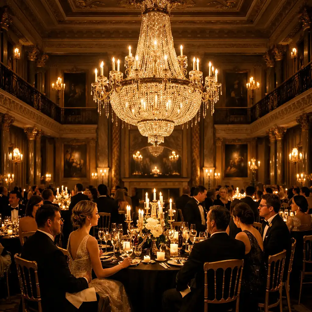 Grand ballroom with chandeliers and gold accents for a private gala