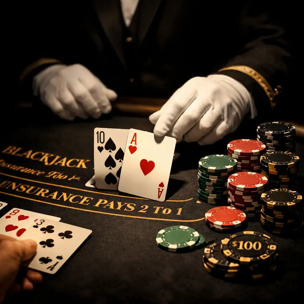 Blackjack table with cards and chips in dramatic spotlight