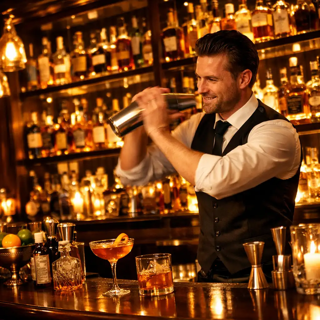 Bartender shaking a cocktail at a backlit gold bar