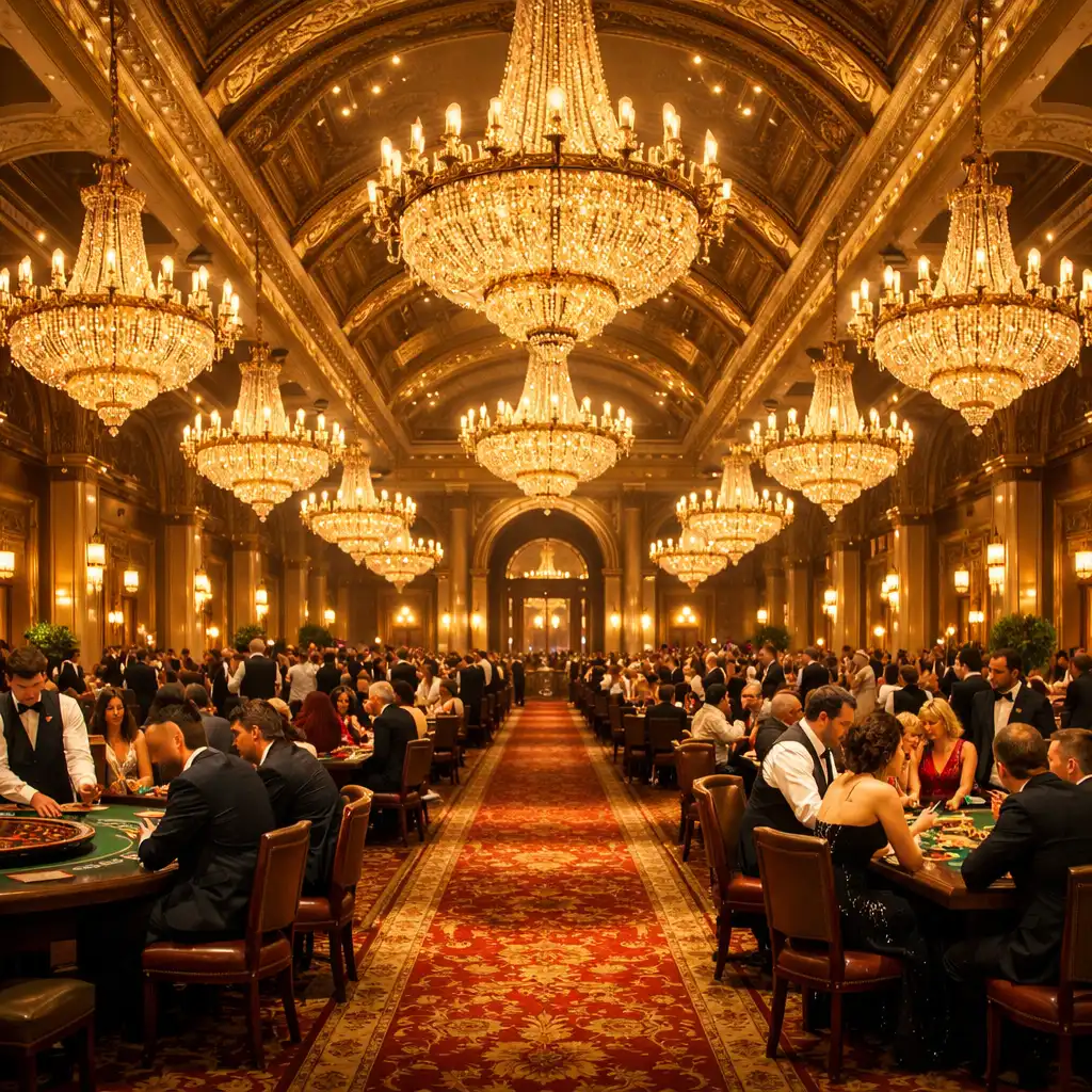 Wide shot of a casino floor in a grand hall with chandeliers