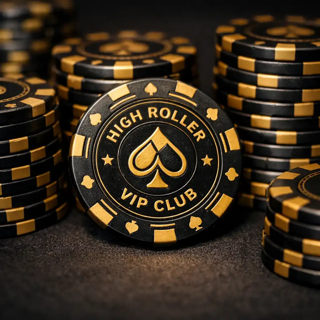 Close-up of custom ceramic poker chips in black and gold