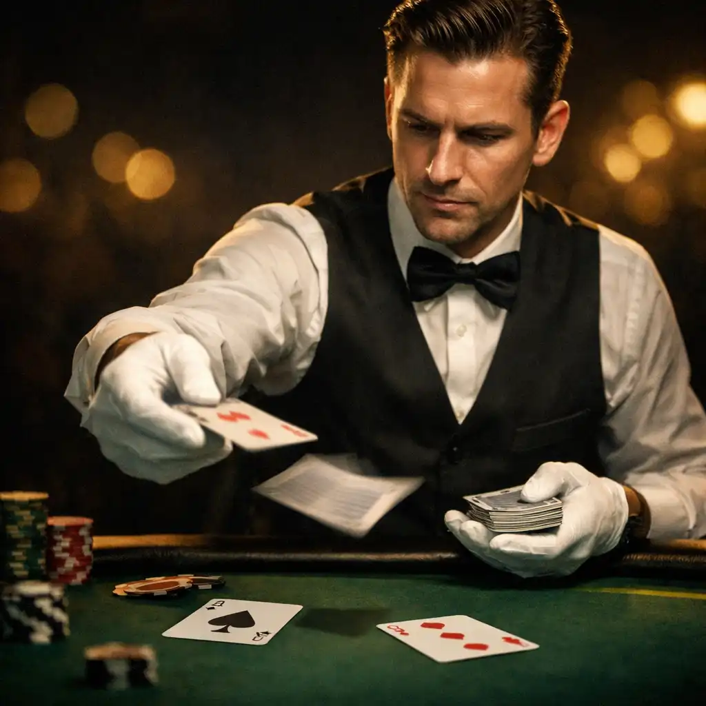 Croupier in black bow tie dealing cards at a poker table