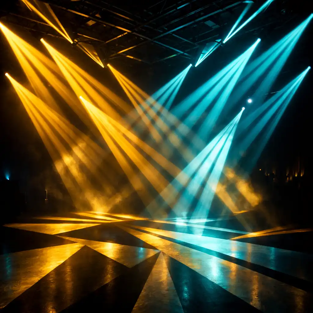 Dramatic gold and cyan lighting installation cutting through darkness