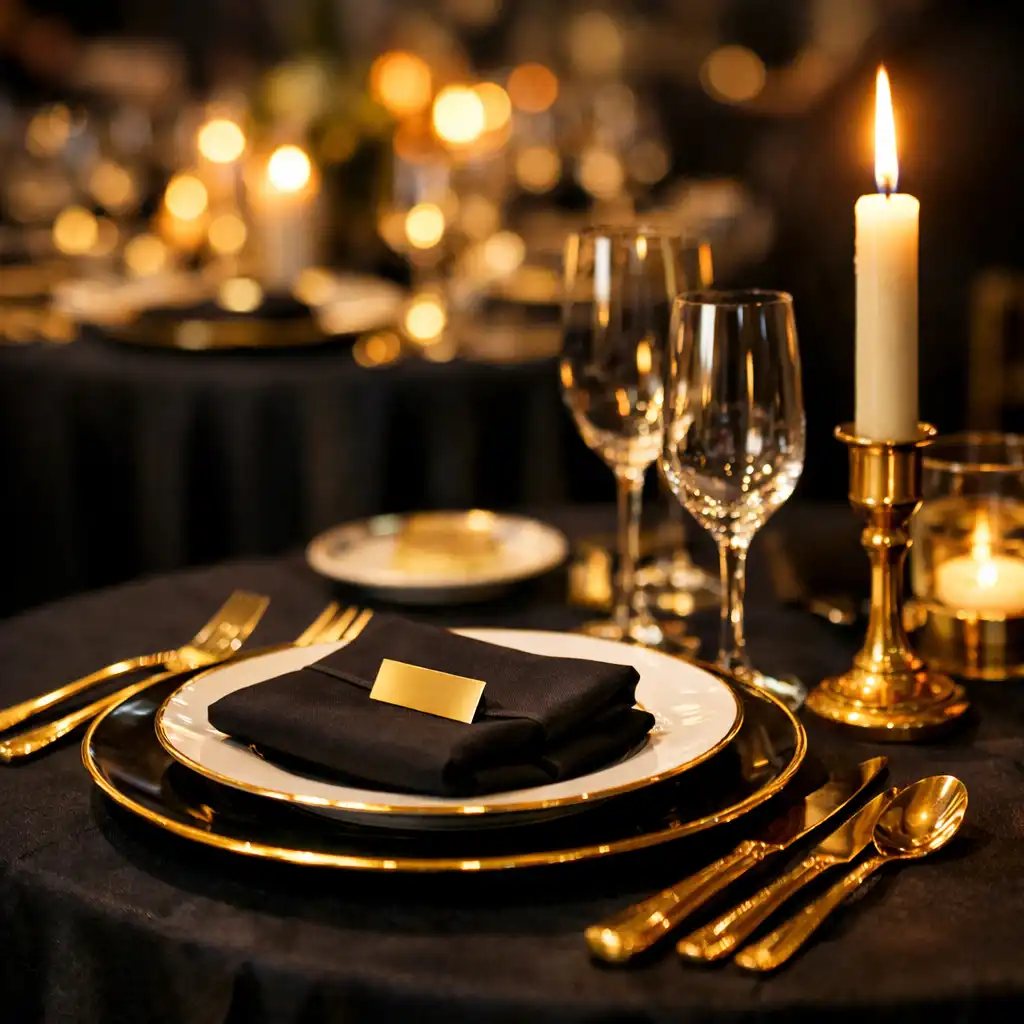 Gala dinner table setting with black linen, gold-rimmed plates, and candle