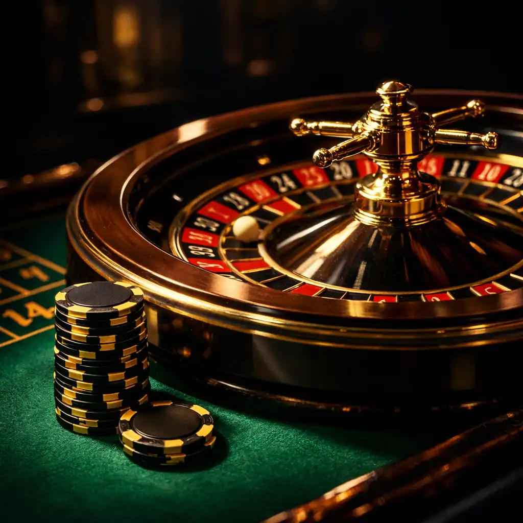 A close-up of a roulette table in a dark, luxurious setting with a spinning wheel and gold-edged chips