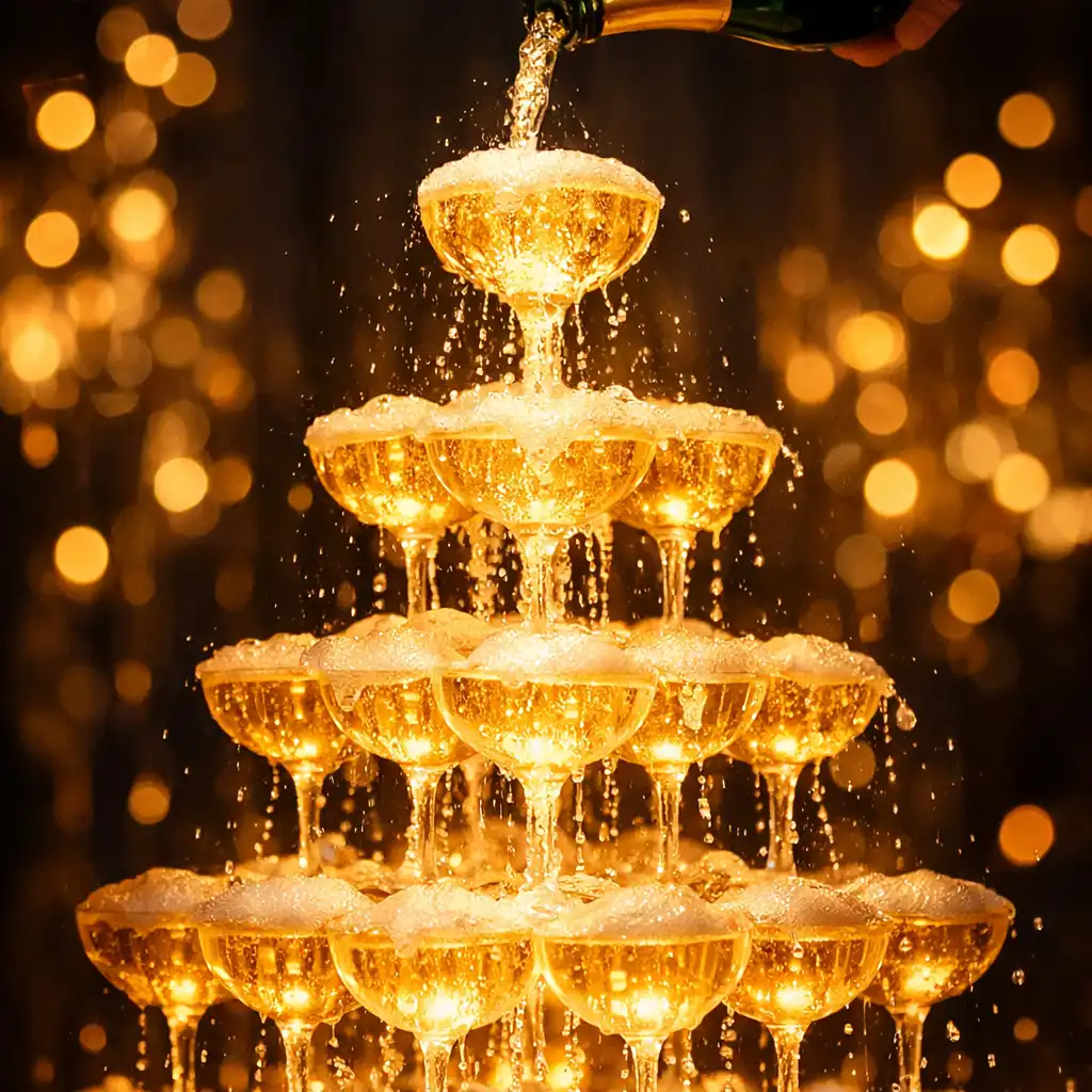 A glowing champagne tower at a luxury event with champagne being poured from the top