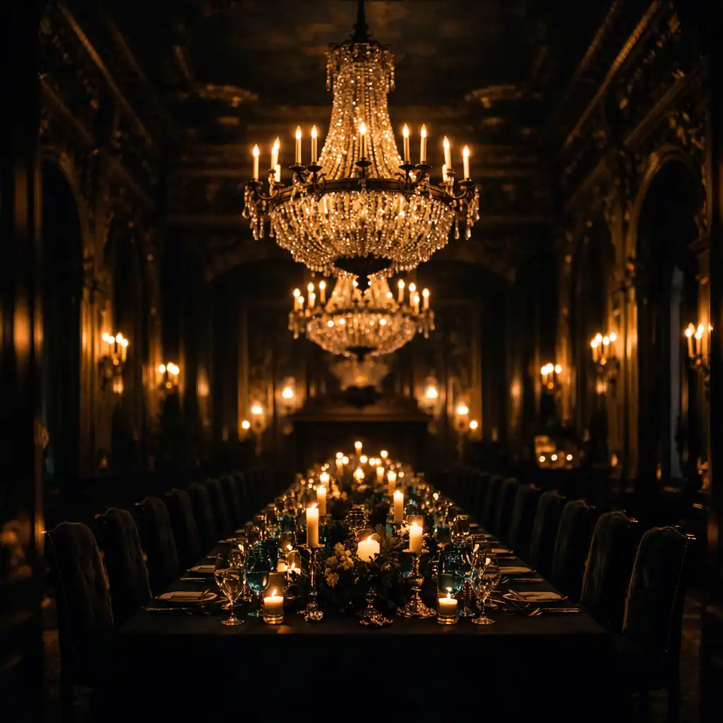 Grand ballroom in a historic British estate with crystal chandeliers and gold detailing