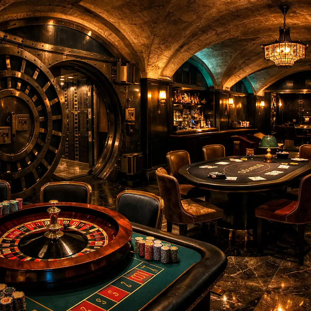 Interior of the Mayfair Vault with original steel doors, marble floors, and casino tables under moody lighting