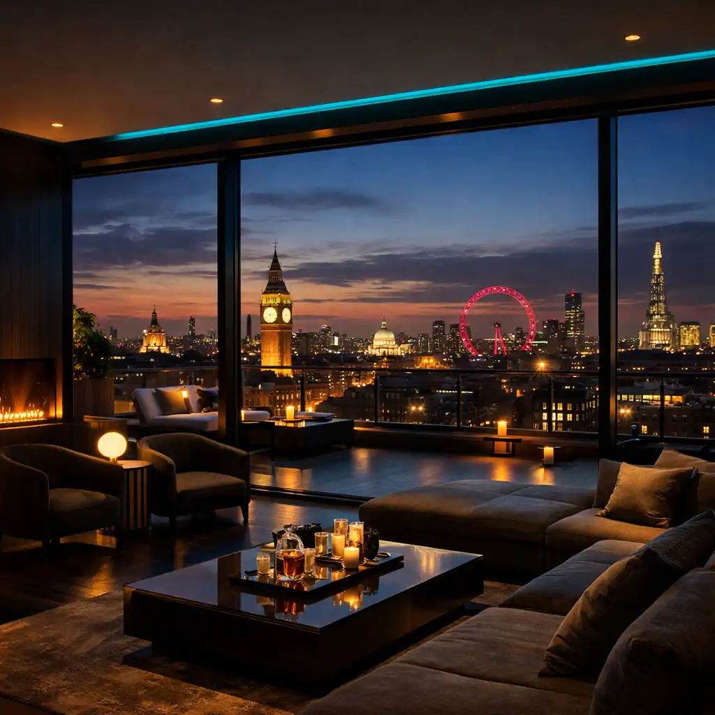 Modern penthouse suite in Mayfair at dusk with floor-to-ceiling windows and panoramic London skyline views