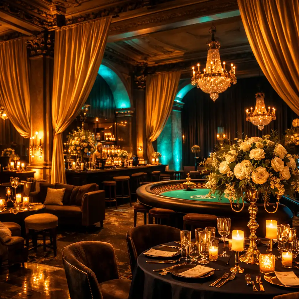 Styled event space in a historic venue with dramatic lighting, gold drapery, and elegant floral arrangements
