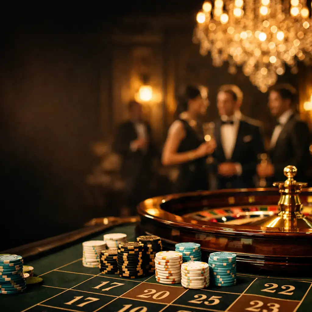 A luxurious private event setting with a roulette table, custom ceramic chips, and a crystal chandelier in a historic British estate